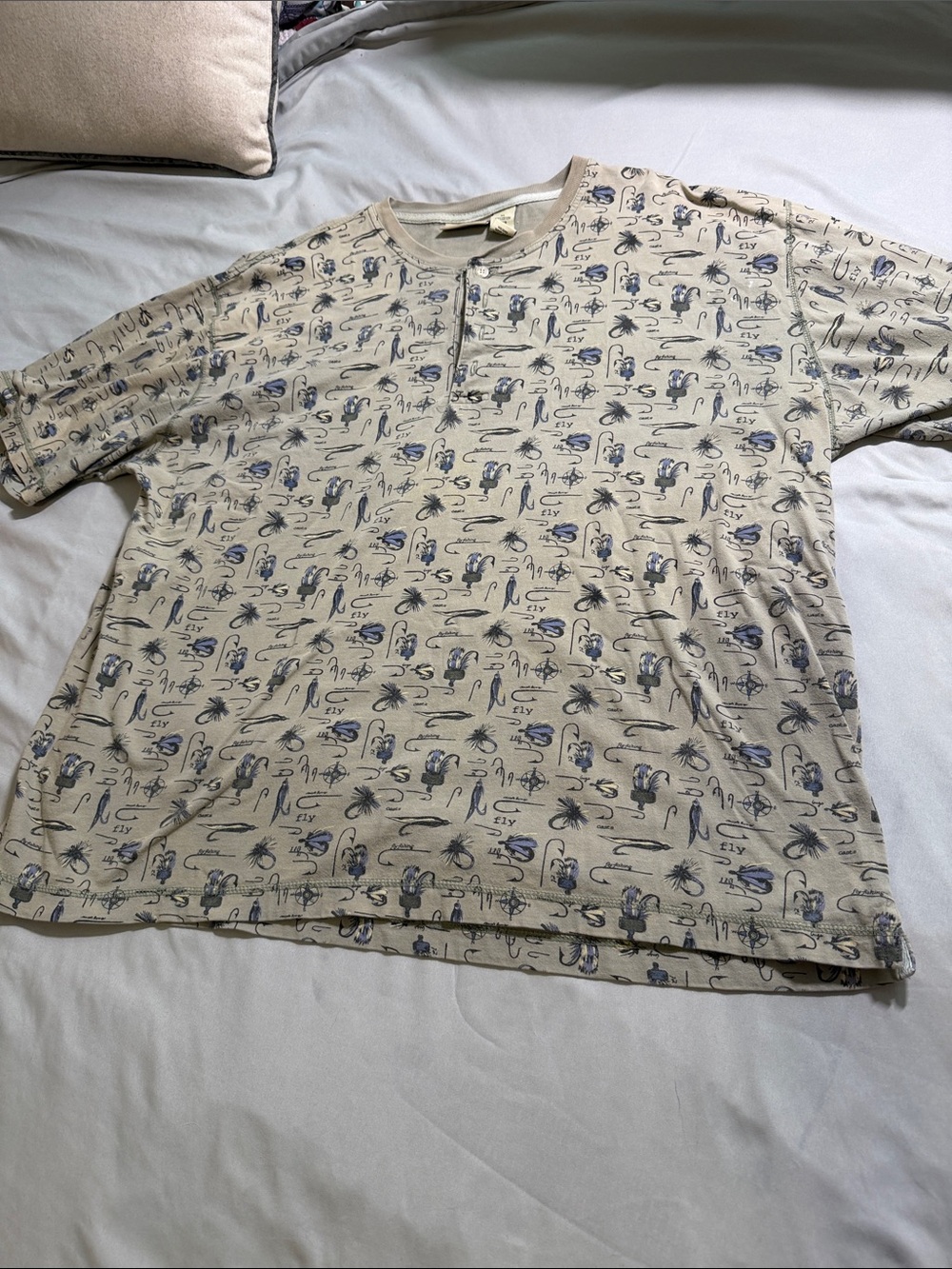 Beige Short-Sleeve Henley Tee with Blue Fly fishing Print
